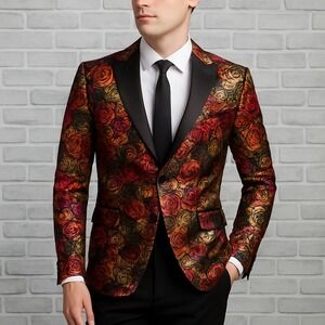 Lanzino Class Slim Fit Floral Brocade Blazer‎ Jacket Men's S Satin Lapel Formal